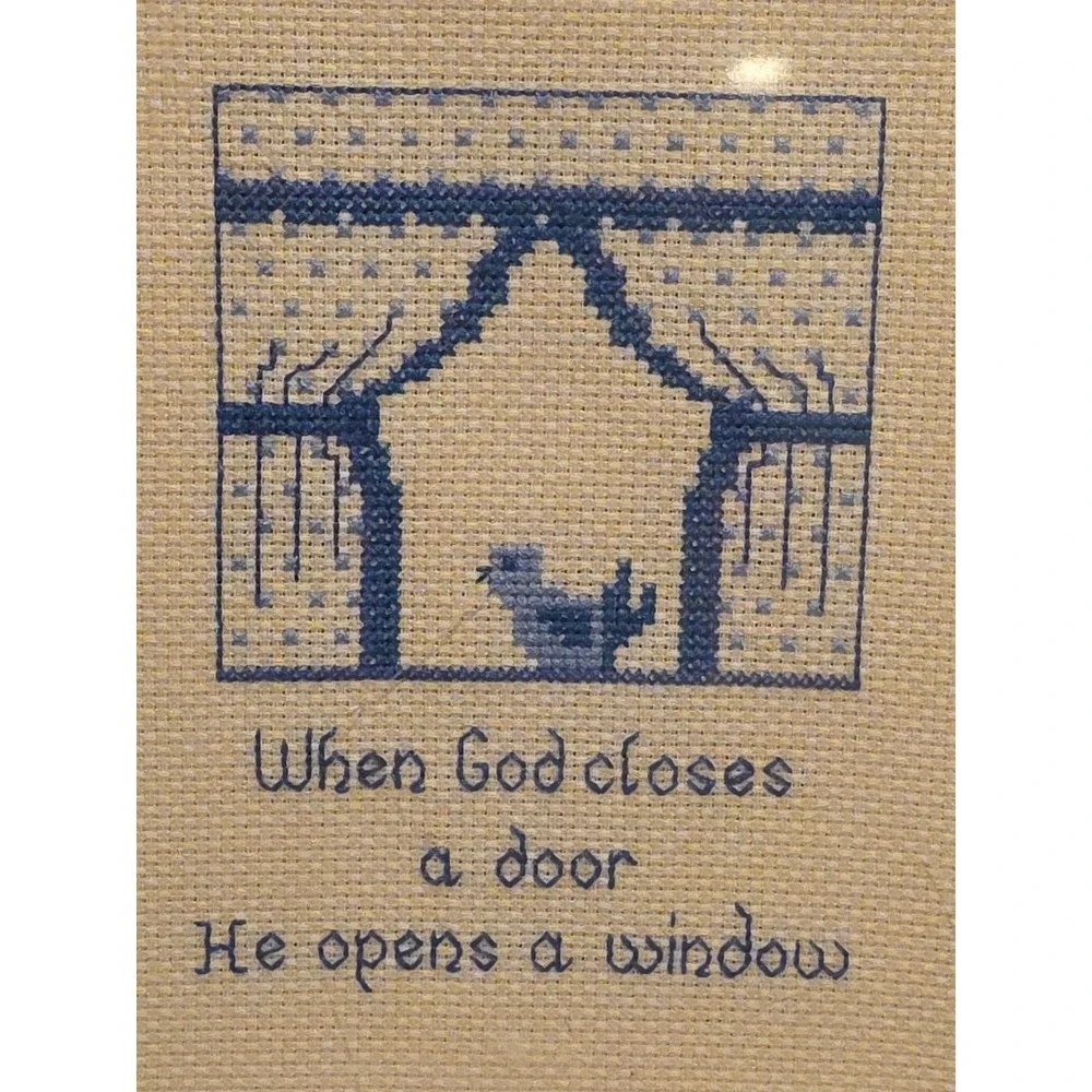 Vintage Cross Stitch When God Closes a Door He Opens a Window 5x7 Acrylic Frame